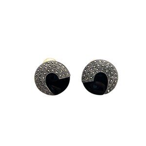 Sterling Silver and Marcasite Button Clip On Earrings Black Circle Round Stone